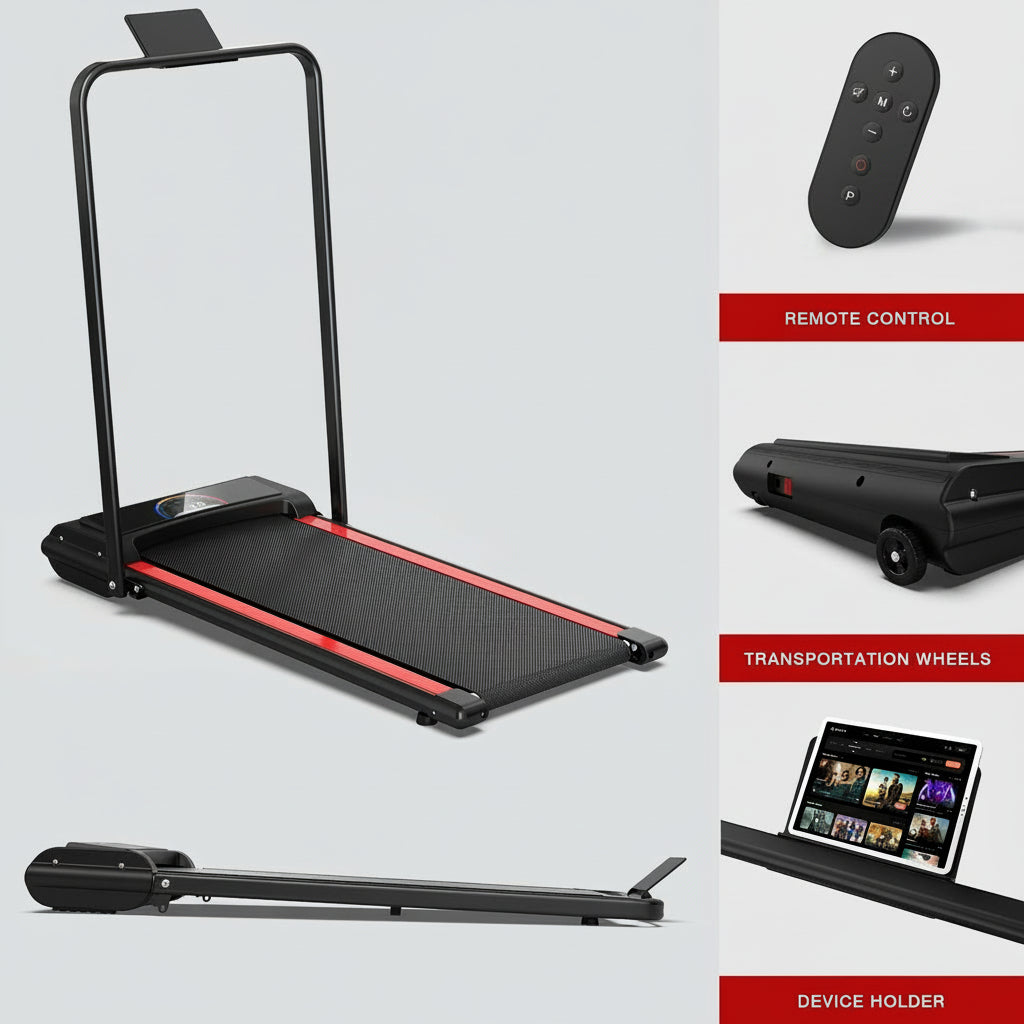 Portable treadmill with remote control, transportation wheels, and device holder on a gray background.
