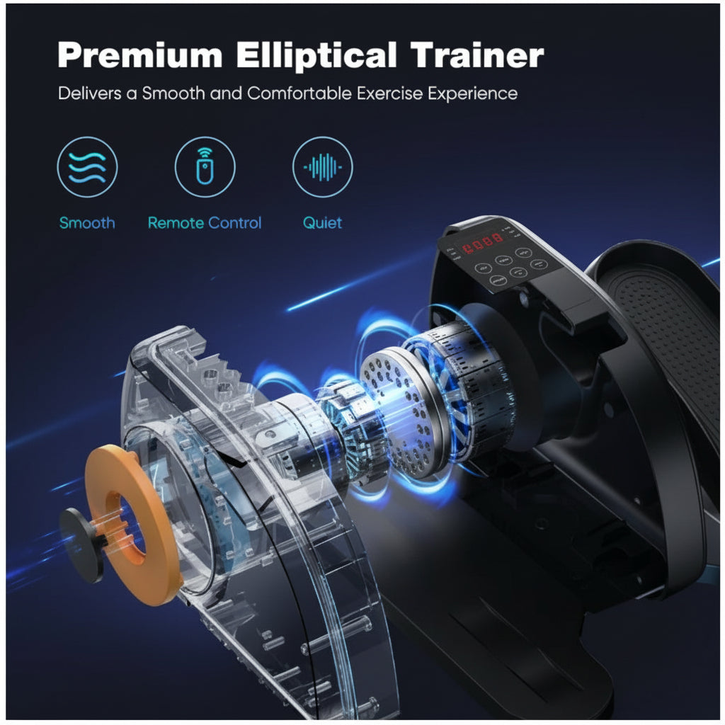 Premium elliptical trainer with mechanical components and text highlighting features on a dark background