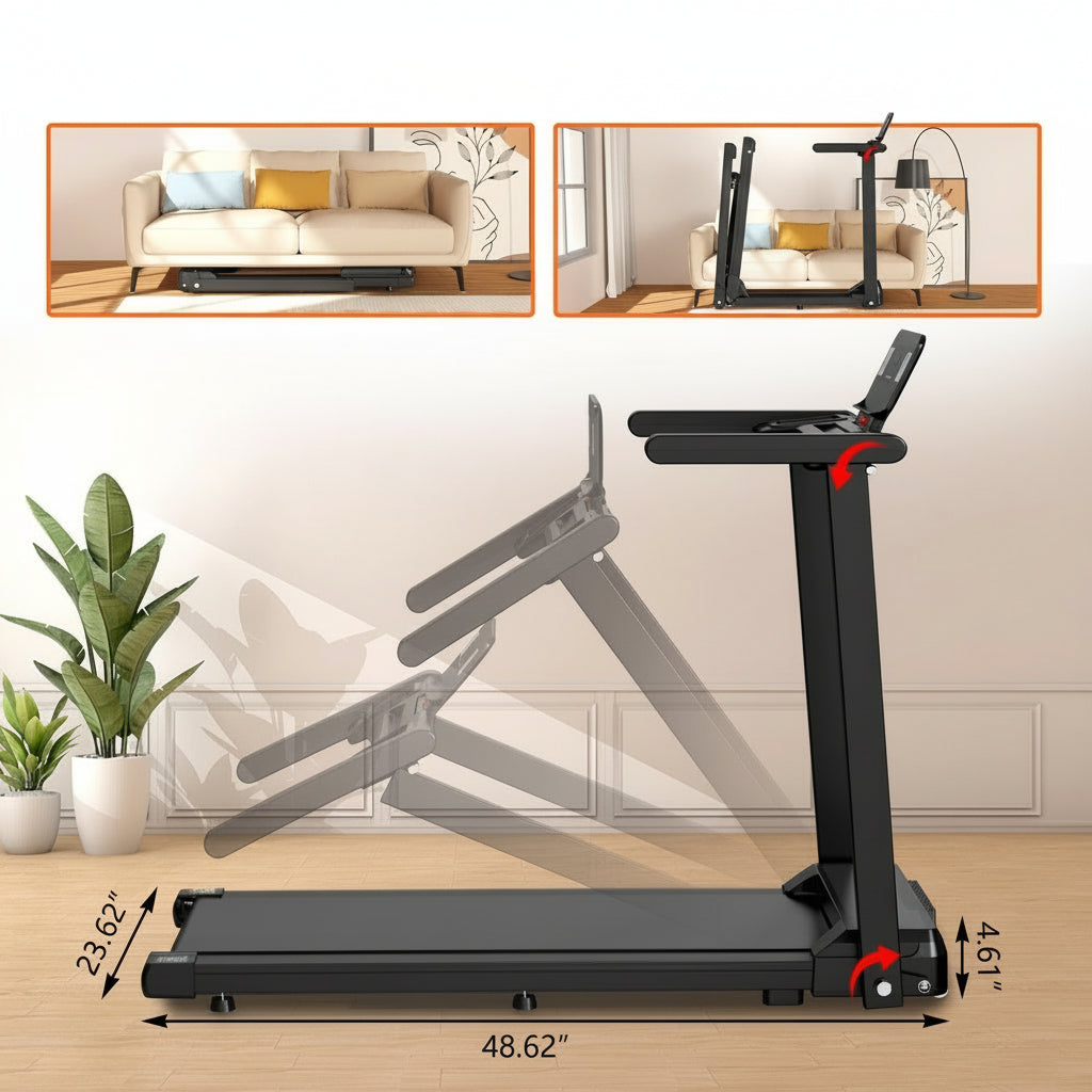 Foldable treadmill shown in a living room setting with dimensions displayed.