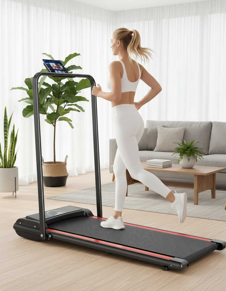 Woman using a treadmill on a white background
