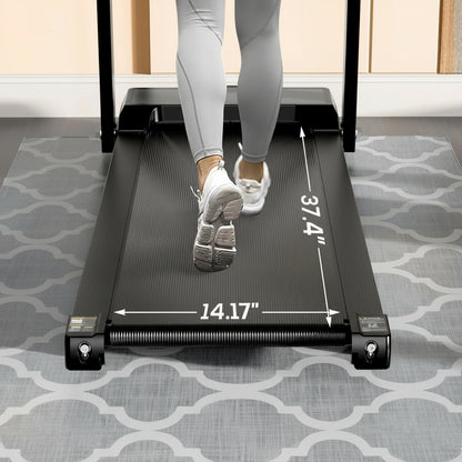 Person using a treadmill with measurements displayed on the belt