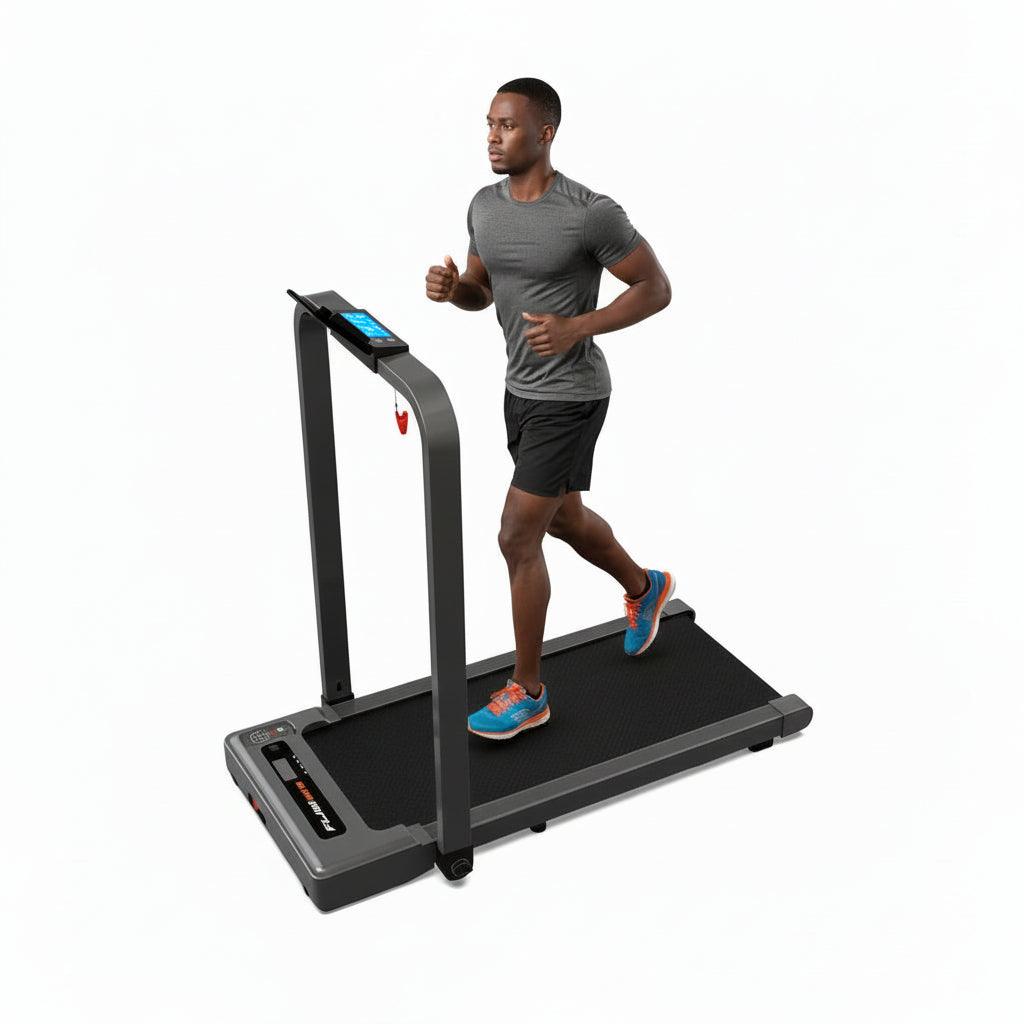 Portable treadmill with handrail and tablet stand on a white background