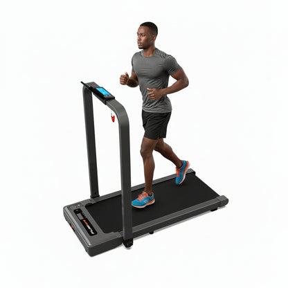 Portable treadmill with handrail and tablet stand on a white background