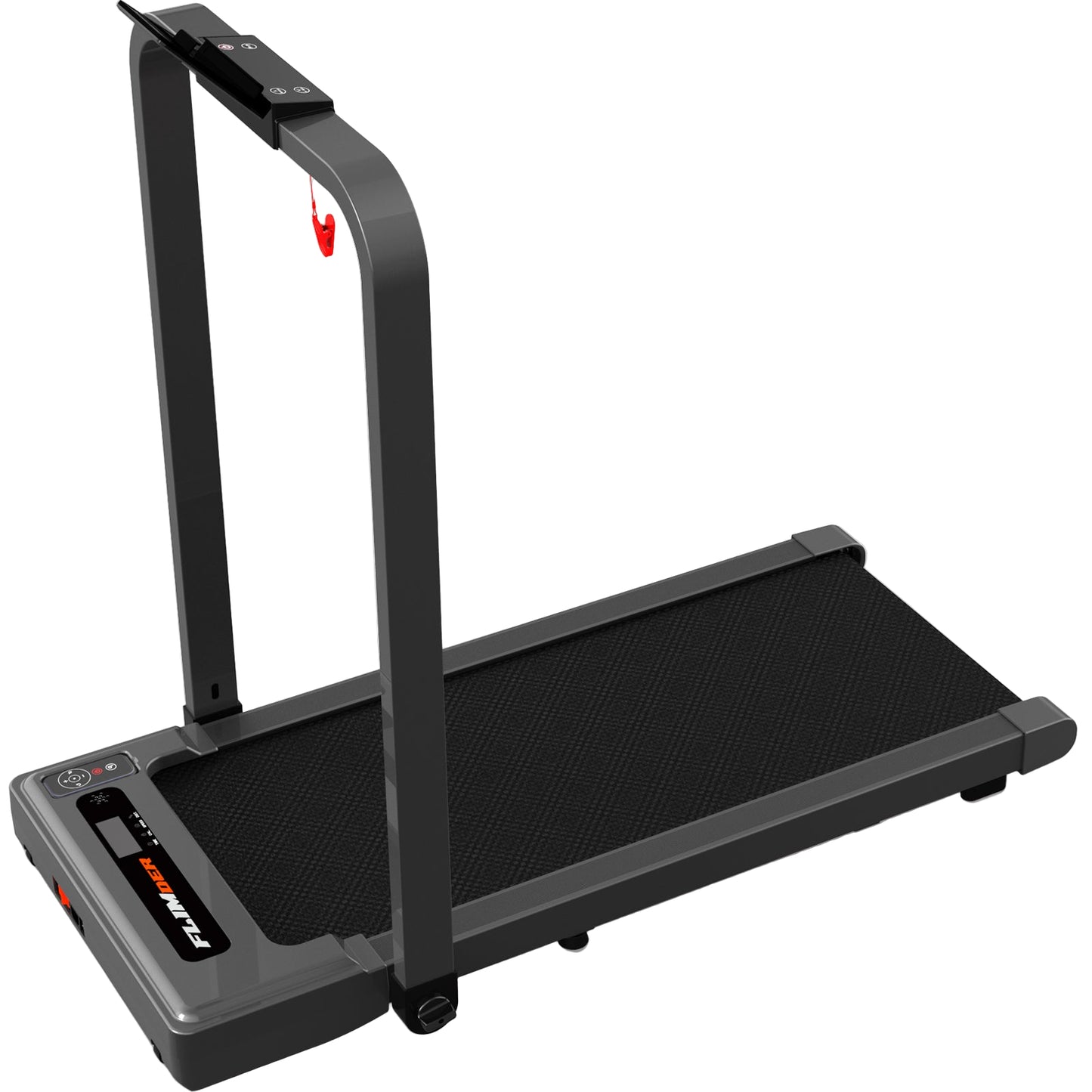 Portable treadmill with handrail and tablet stand on a white background