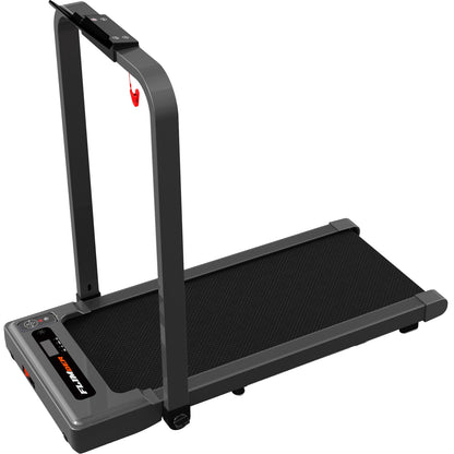 Portable treadmill with handrail and tablet stand on a white background