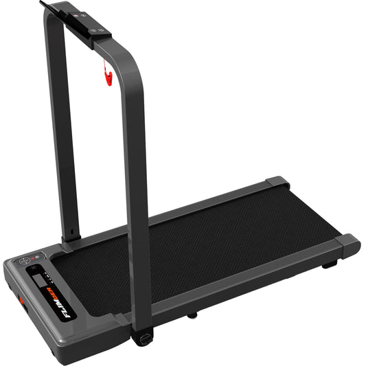 Portable treadmill with handrail and tablet stand on a white background