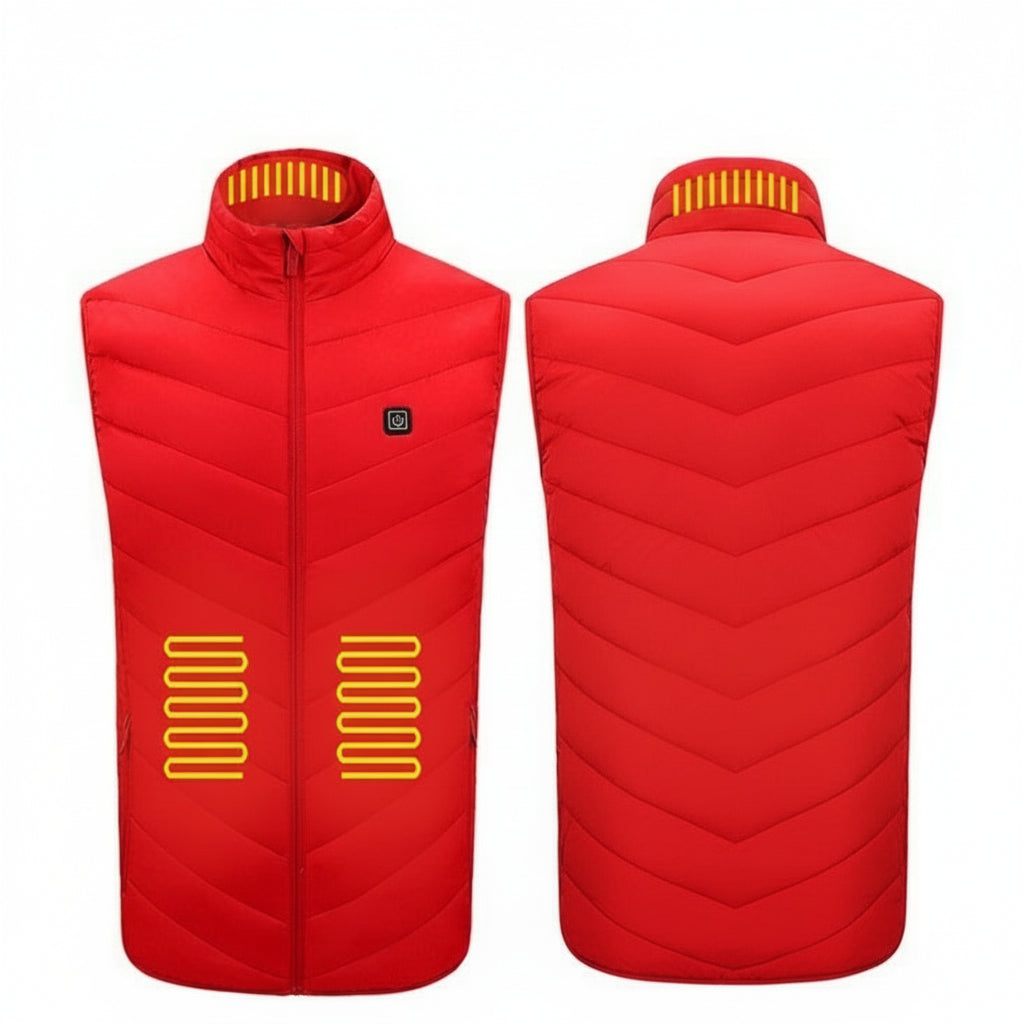 Red heated vest with four heating zones on a white background