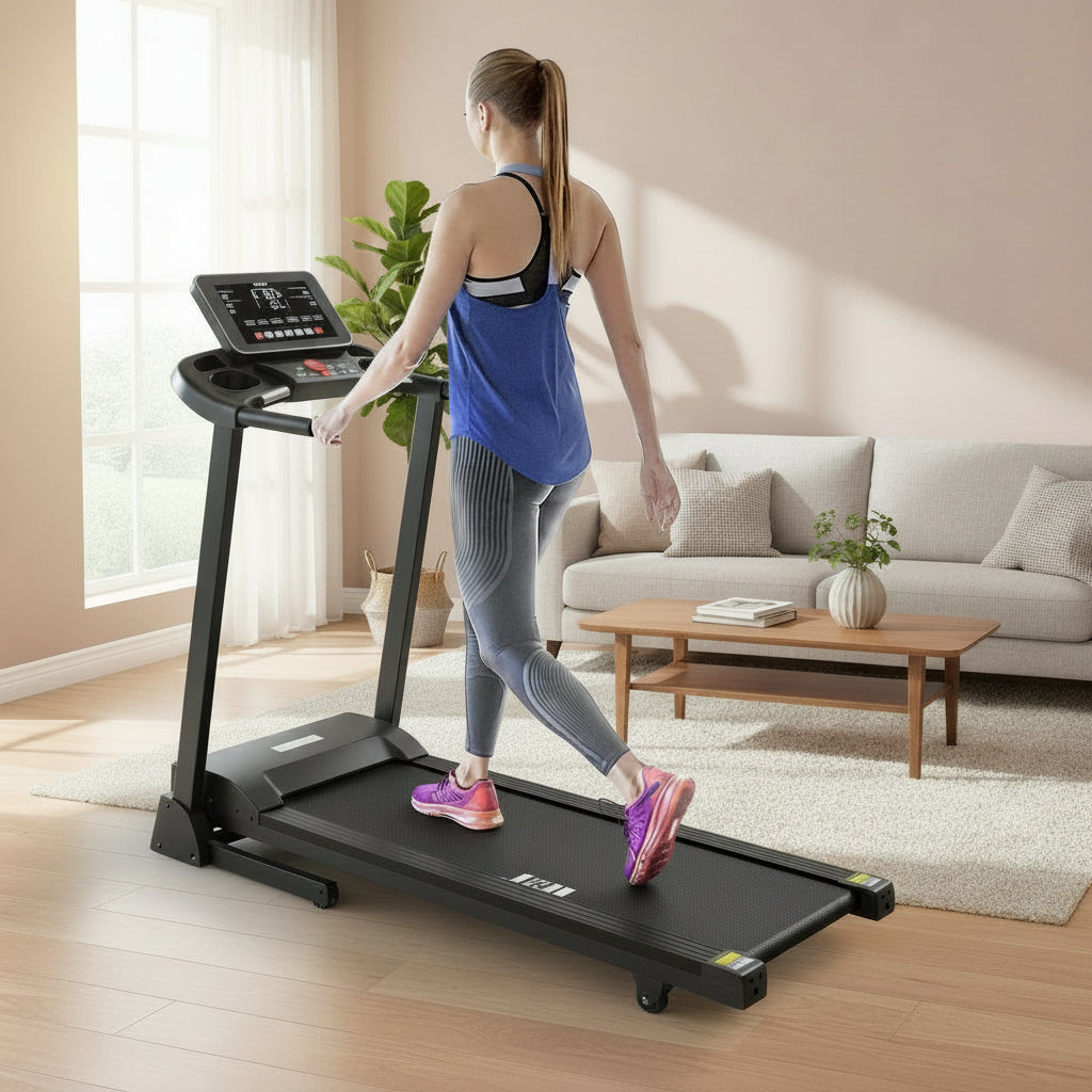 Woman using a treadmill in a home setting