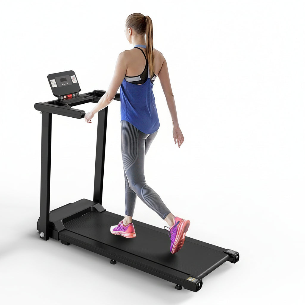 Woman using a treadmill on a white background
