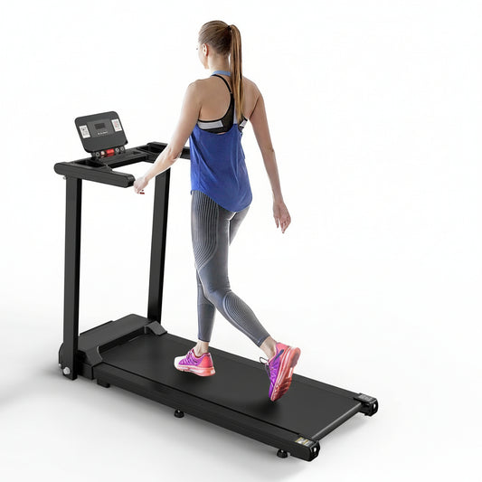 Woman using a treadmill on a white background
