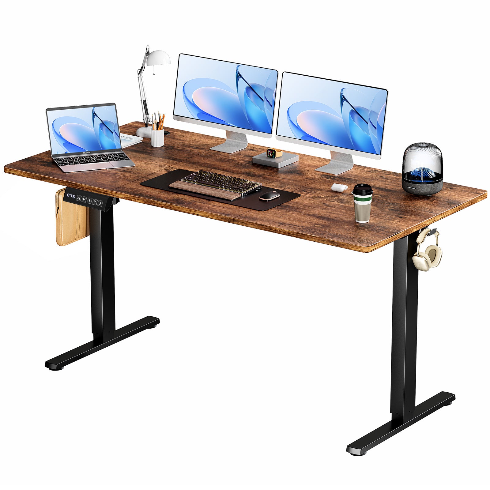 height adjustable Wooden desk with computer setup on a white background