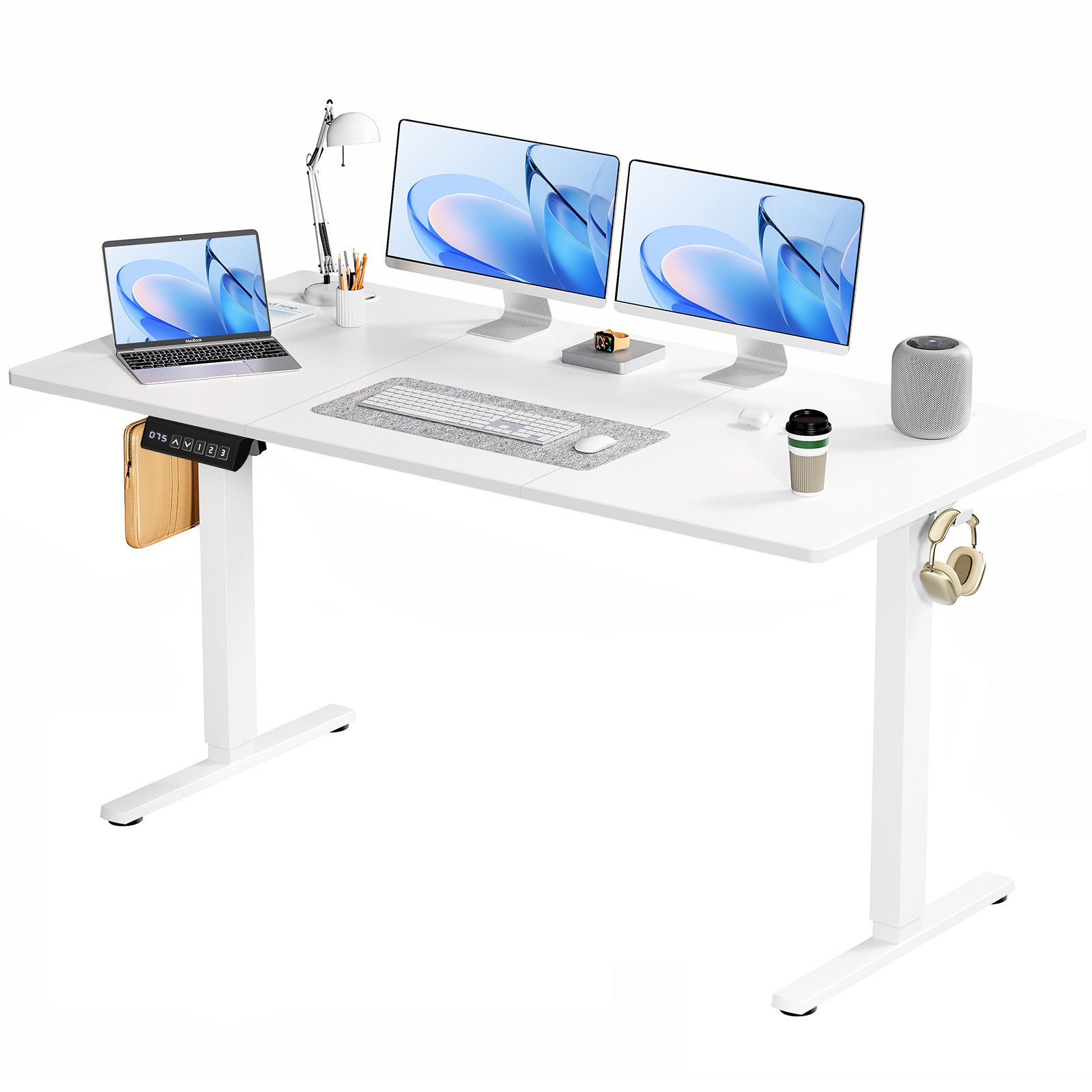 White computer height adjustable desk with laptop, keyboard, and monitors on a white background