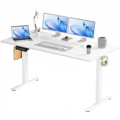 White computer height adjustable desk with laptop, keyboard, and monitors on a white background