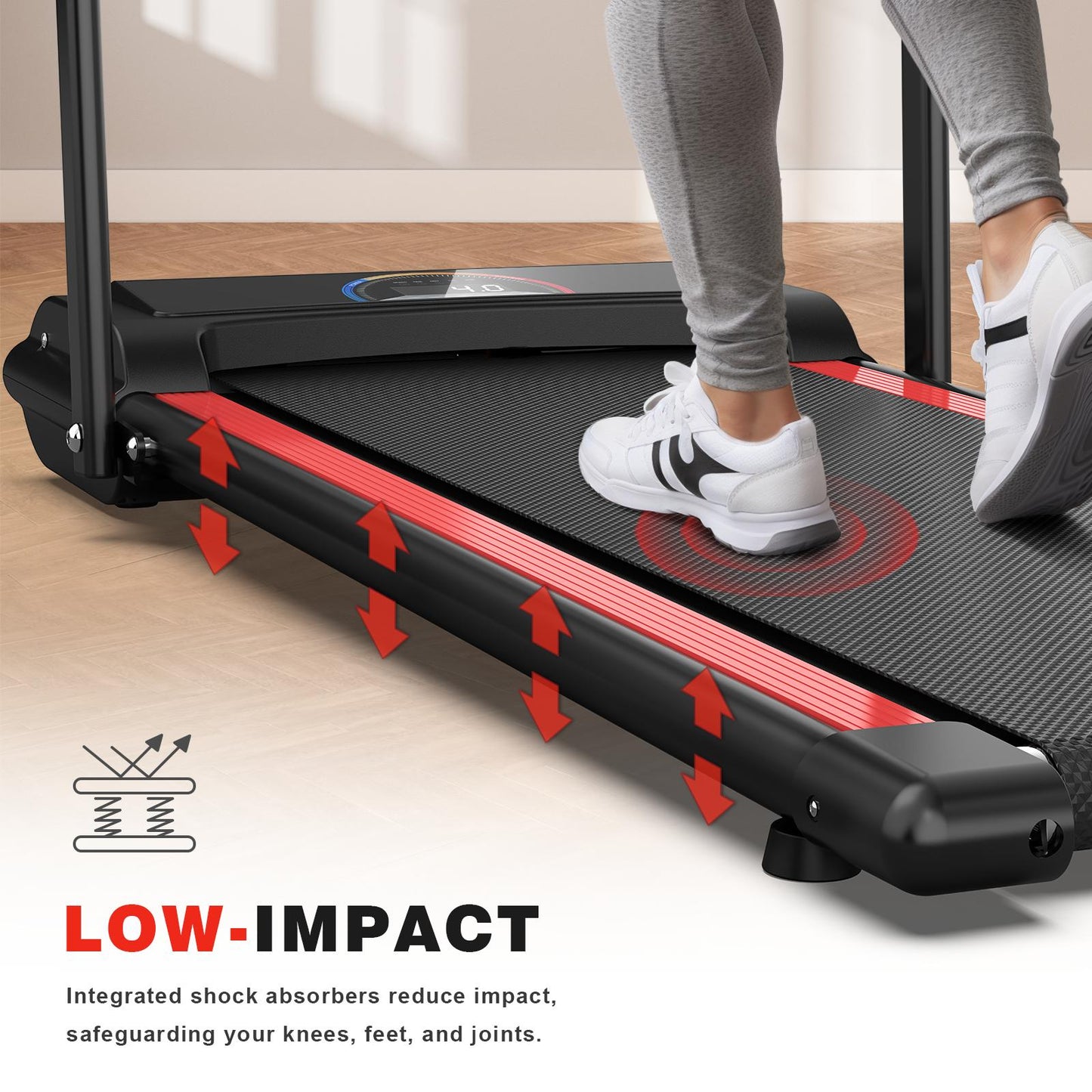 Person using a treadmill with highlighted shock absorbers and text about low-impact walking.