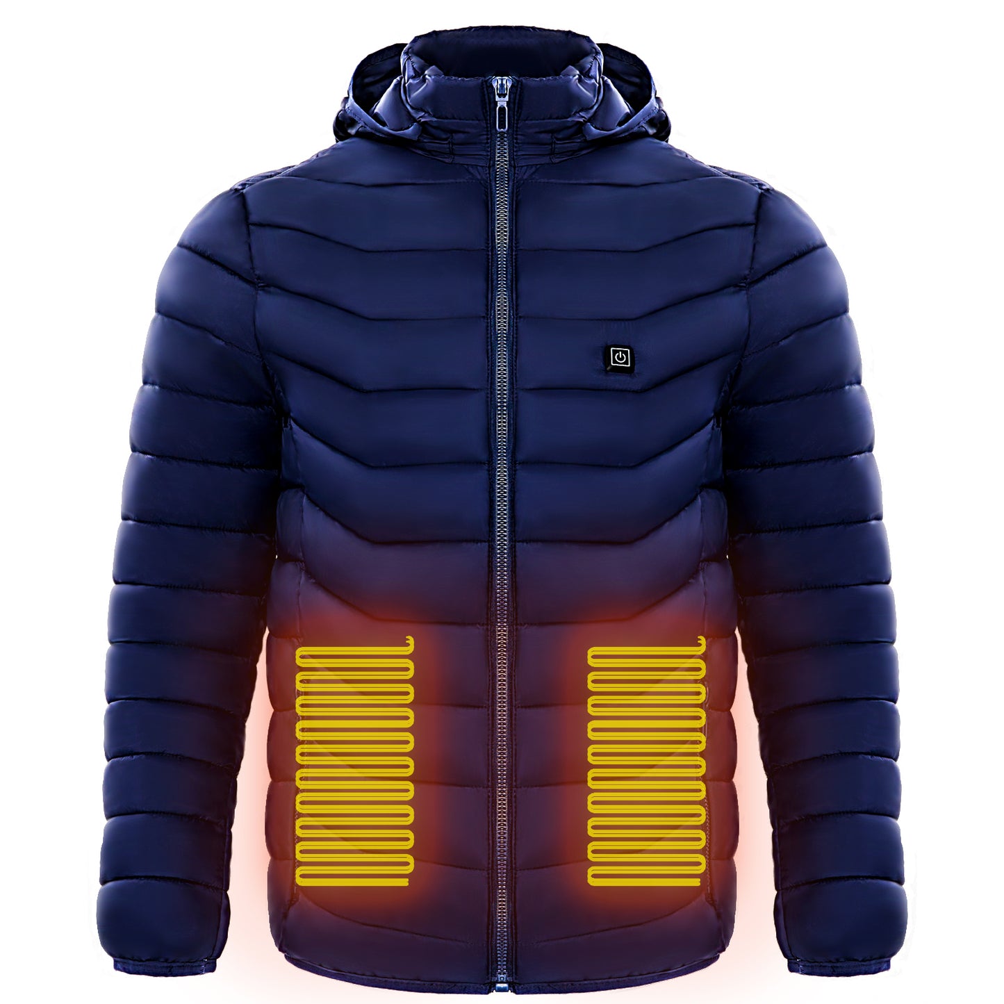 A navy blue heated jacket show heat map areas