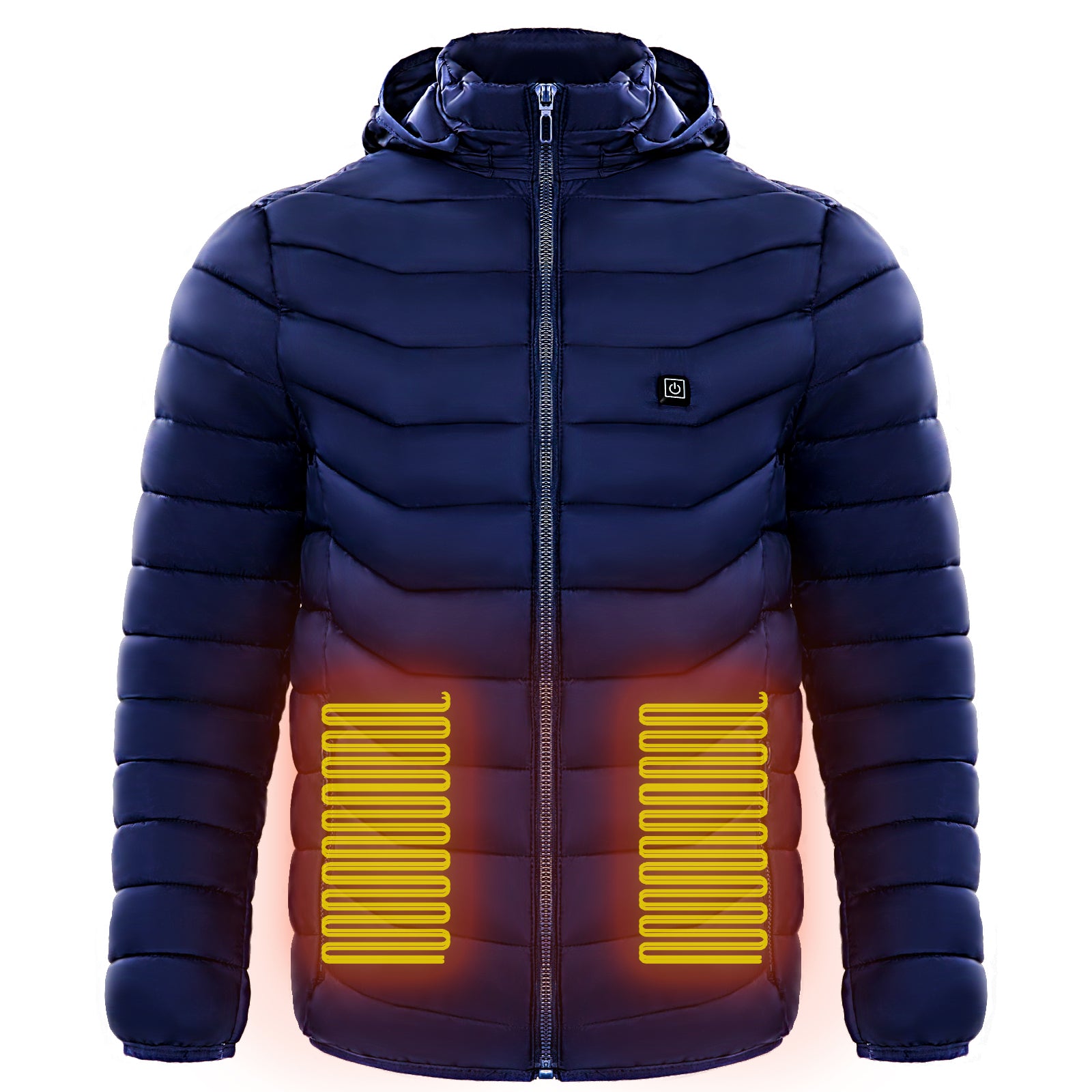 A navy blue heated jacket show heat map areas