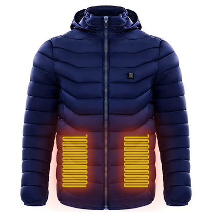 A navy blue heated jacket show heat map areas