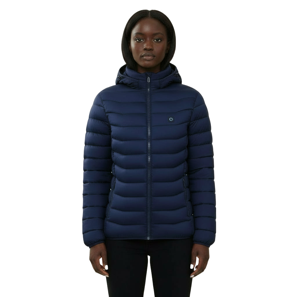 A man wearing a navy blue heated jacket