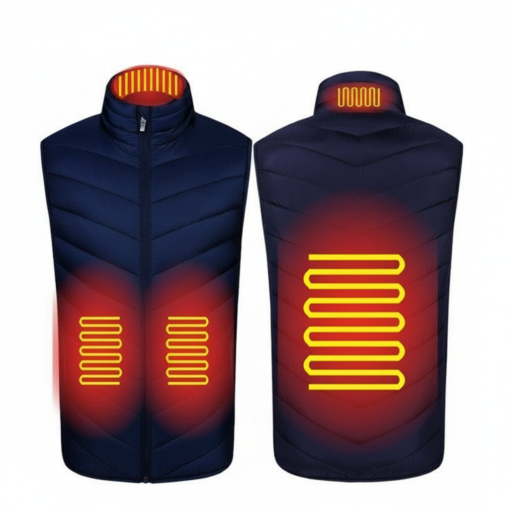 Heated vest with four heating zones on a white background