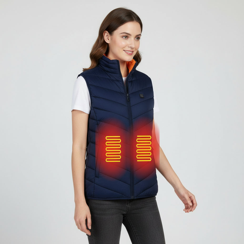 Heated vest with four heating zones on a white background
