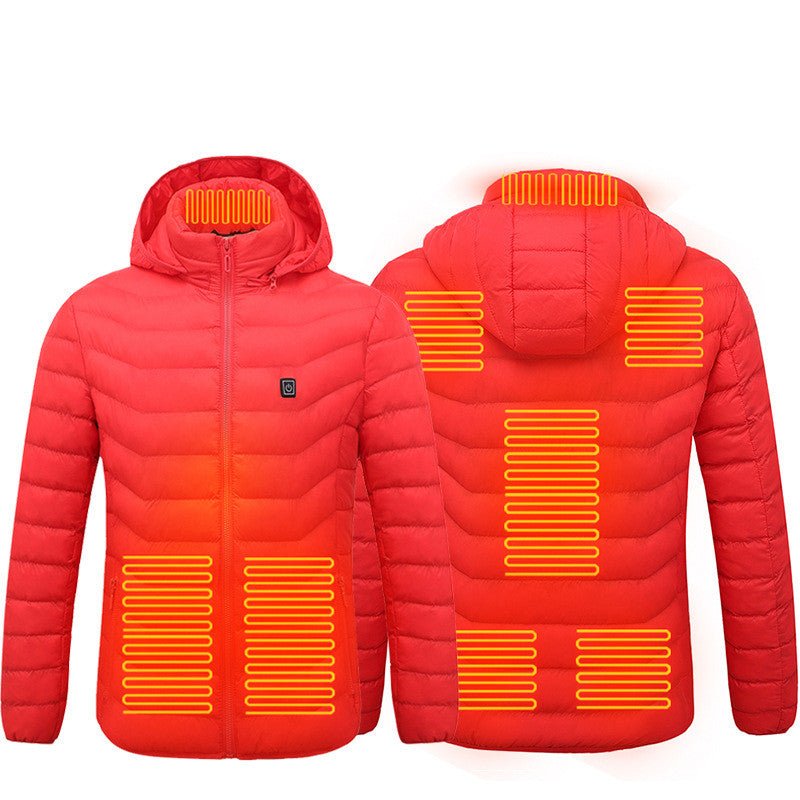 A red heated jacket show heat map areas in front and back