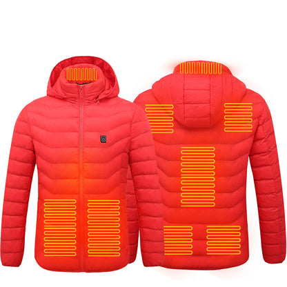 A red heated jacket show heat map areas in front and back