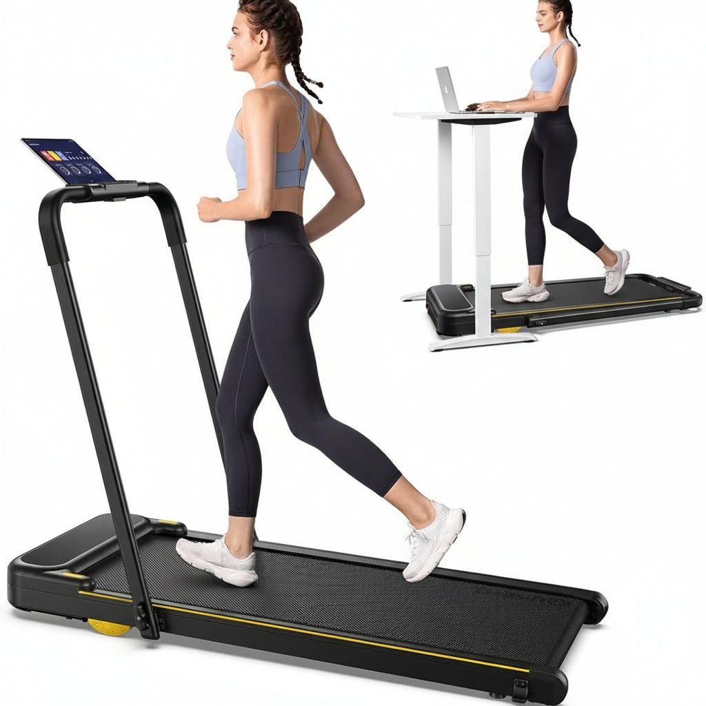 Woman using a portable treadmill walking pad with inset showing a standing desk.