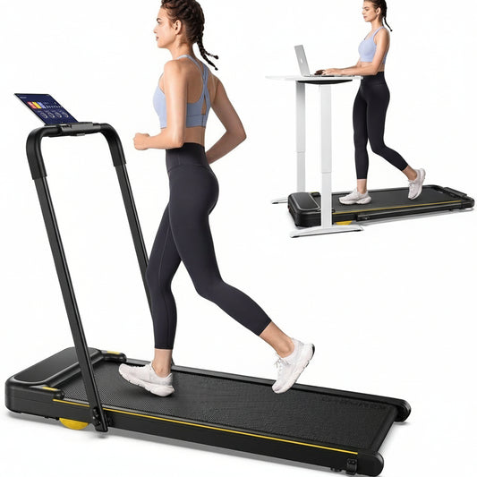 Woman using a portable treadmill walking pad with inset showing a standing desk.