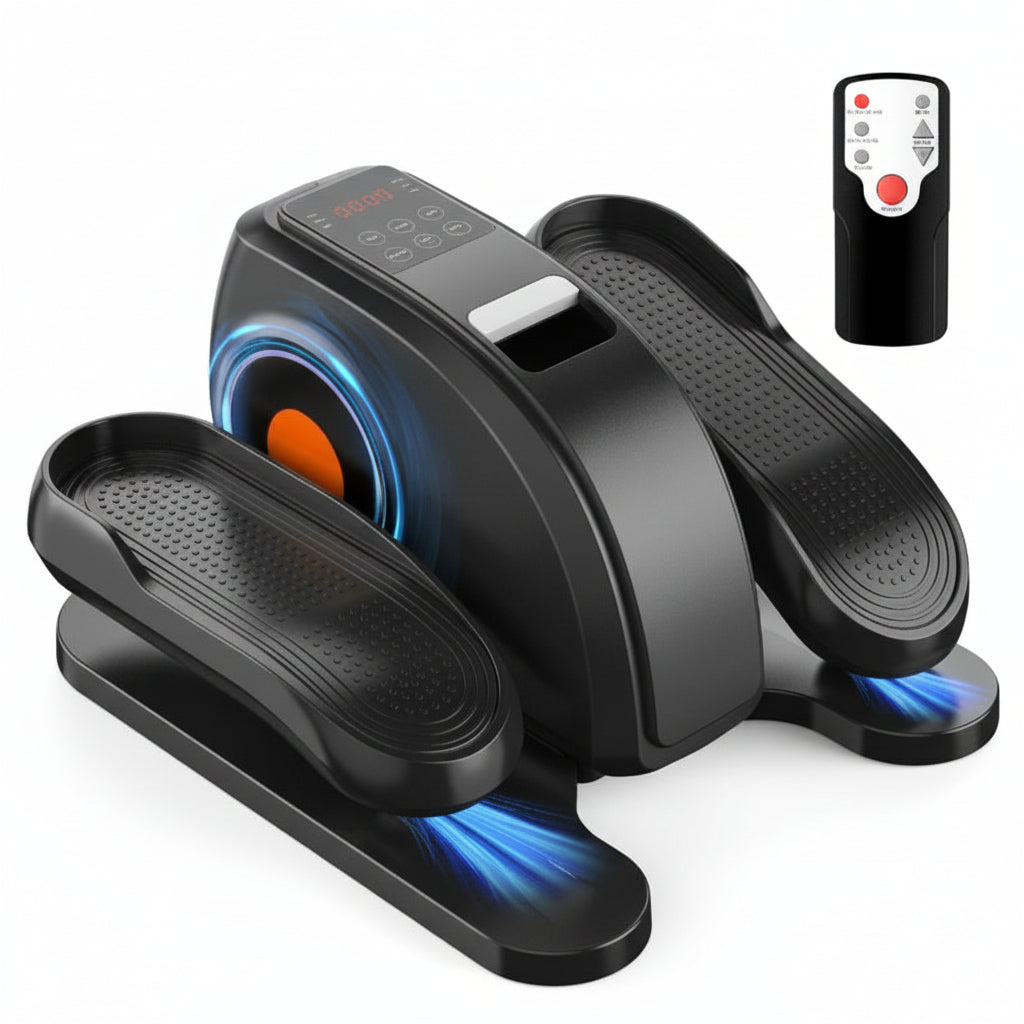 Black foot massager with remote control on a white background