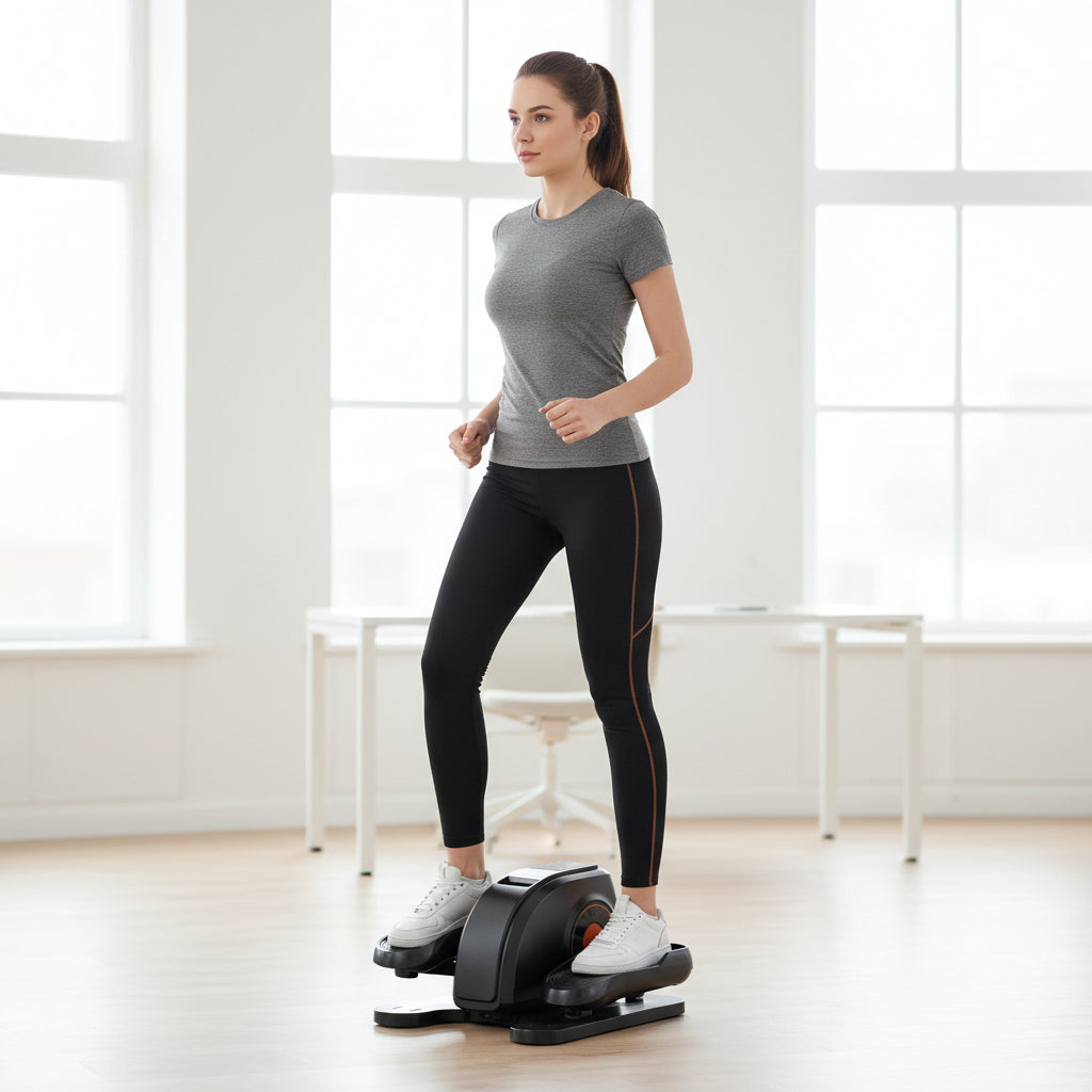 Black and gray eleptical machine with dimensions on a white background