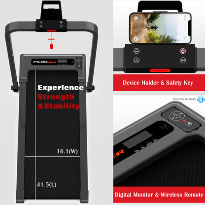 Treadmill with digital monitor, wireless remote, device holder, and safety key on a gray background.