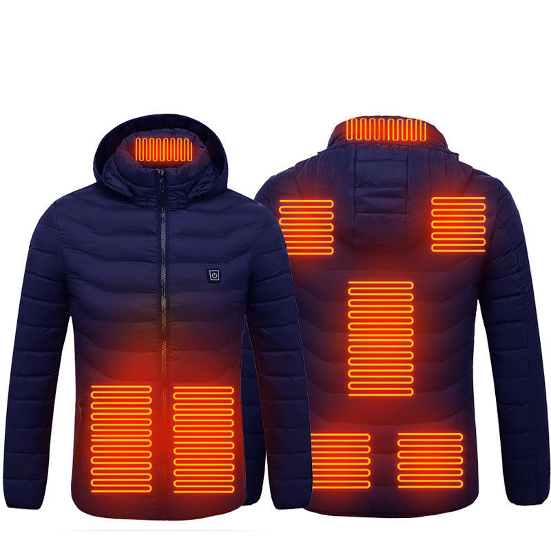 Navy blue heated jacket with glowing orange heating elements on a white background