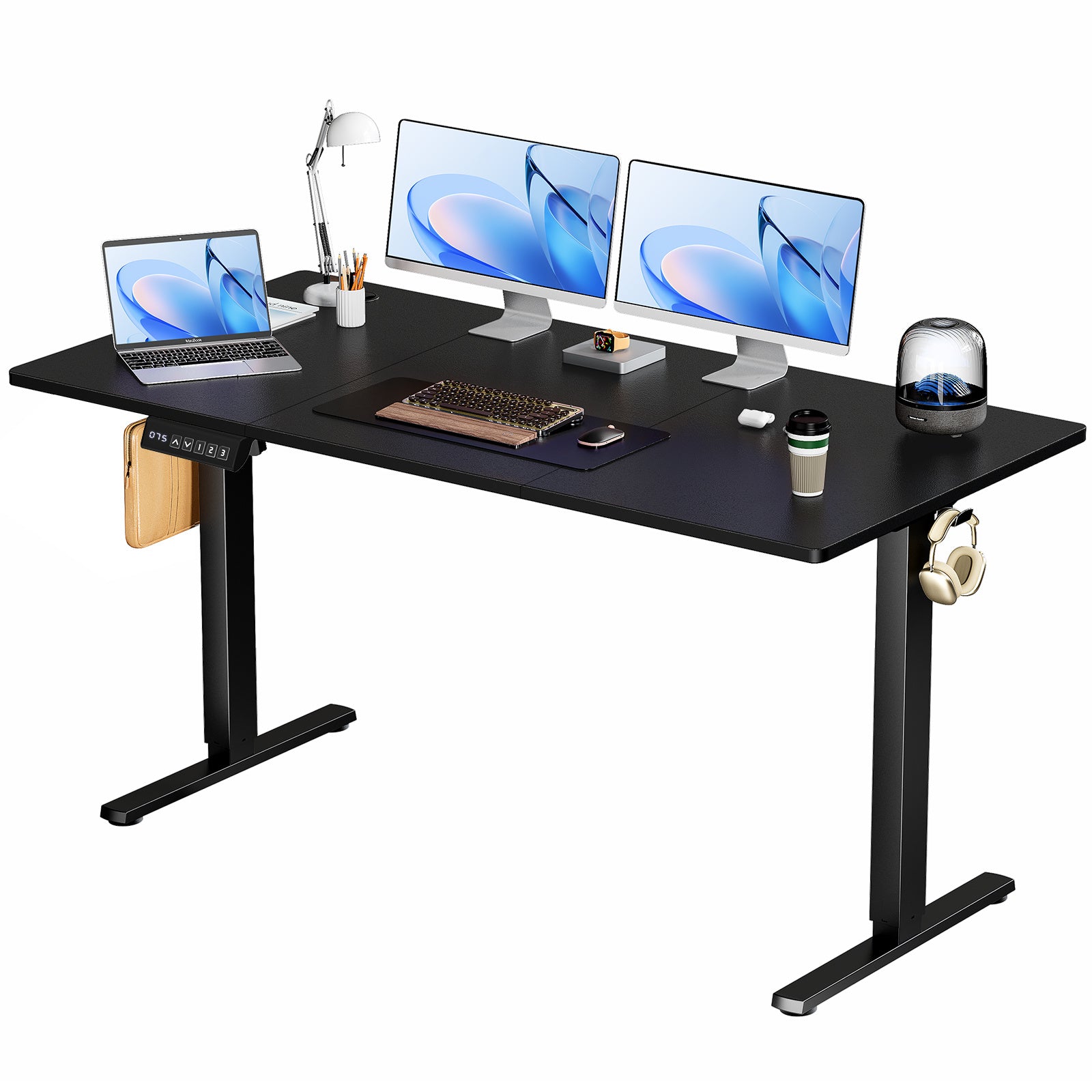 Black L-shaped height adjustable desk with office equipment on a white background