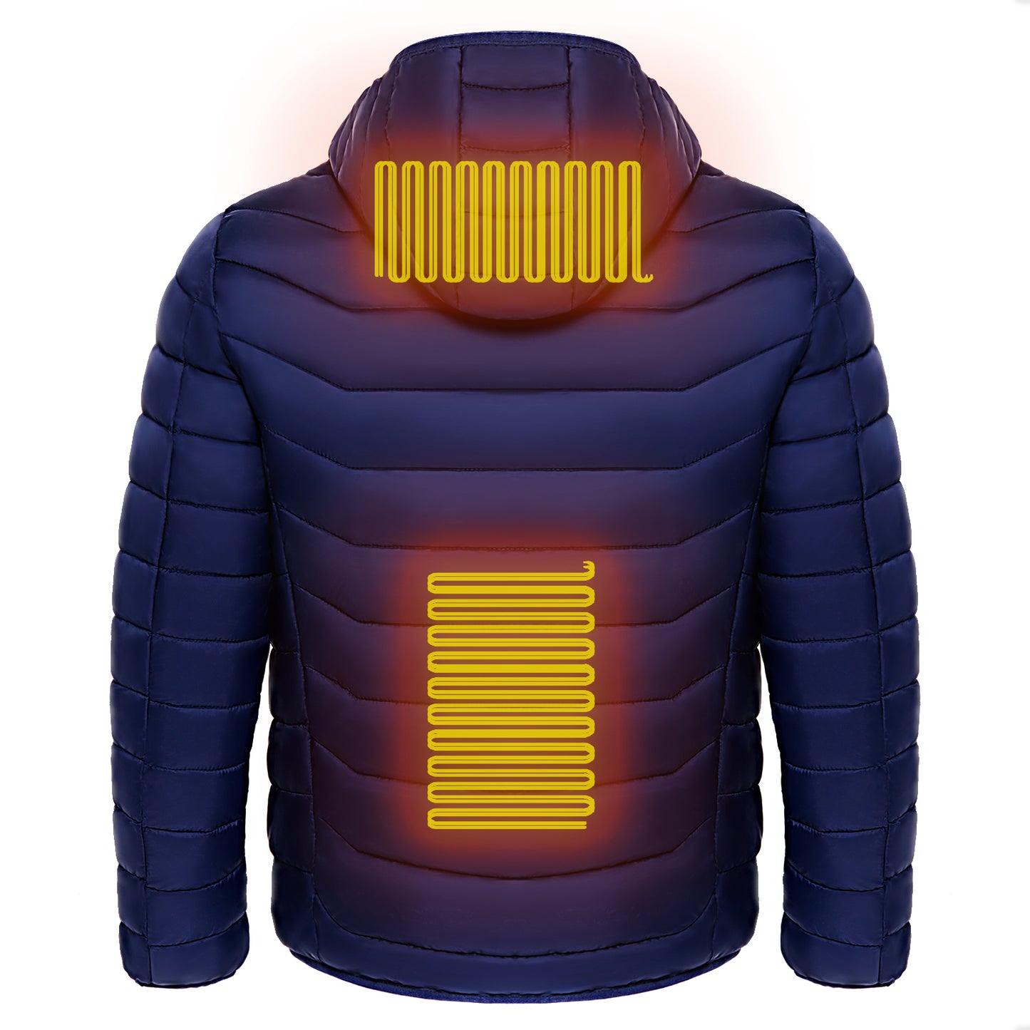 A navy blue heated jacket show heat map areas 