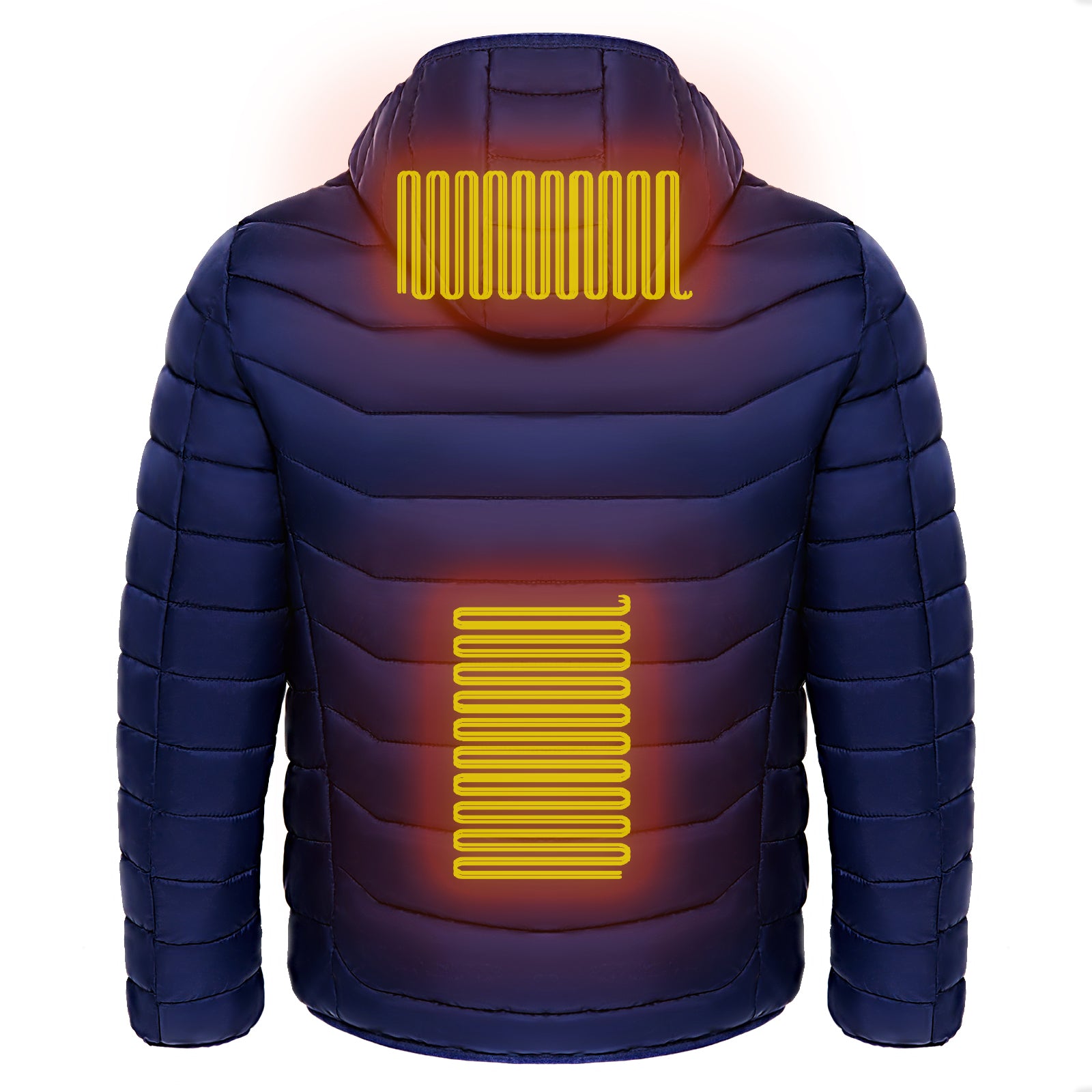 A navy blue heated jacket show heat map areas 