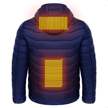 A navy blue heated jacket show heat map areas 