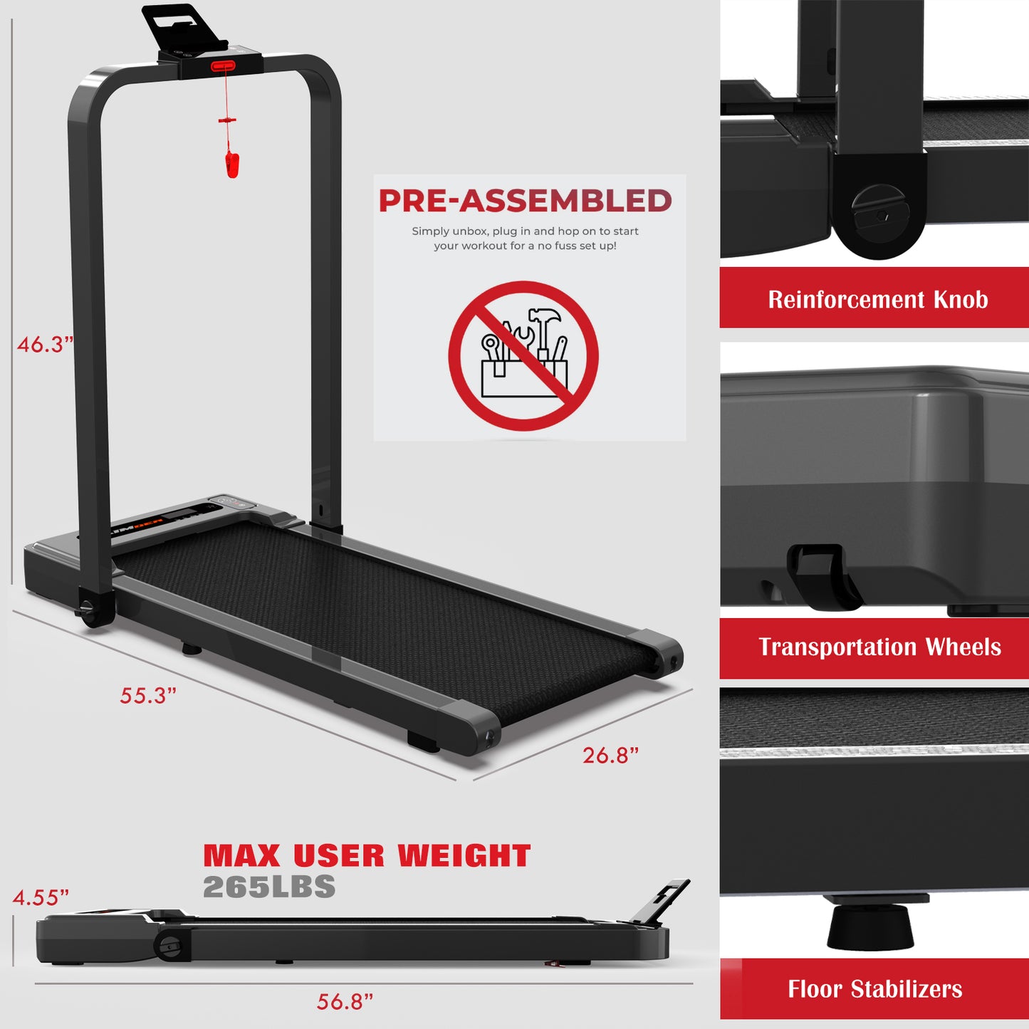 Pre-assembled treadmill with dimensions and features highlighted on a white background