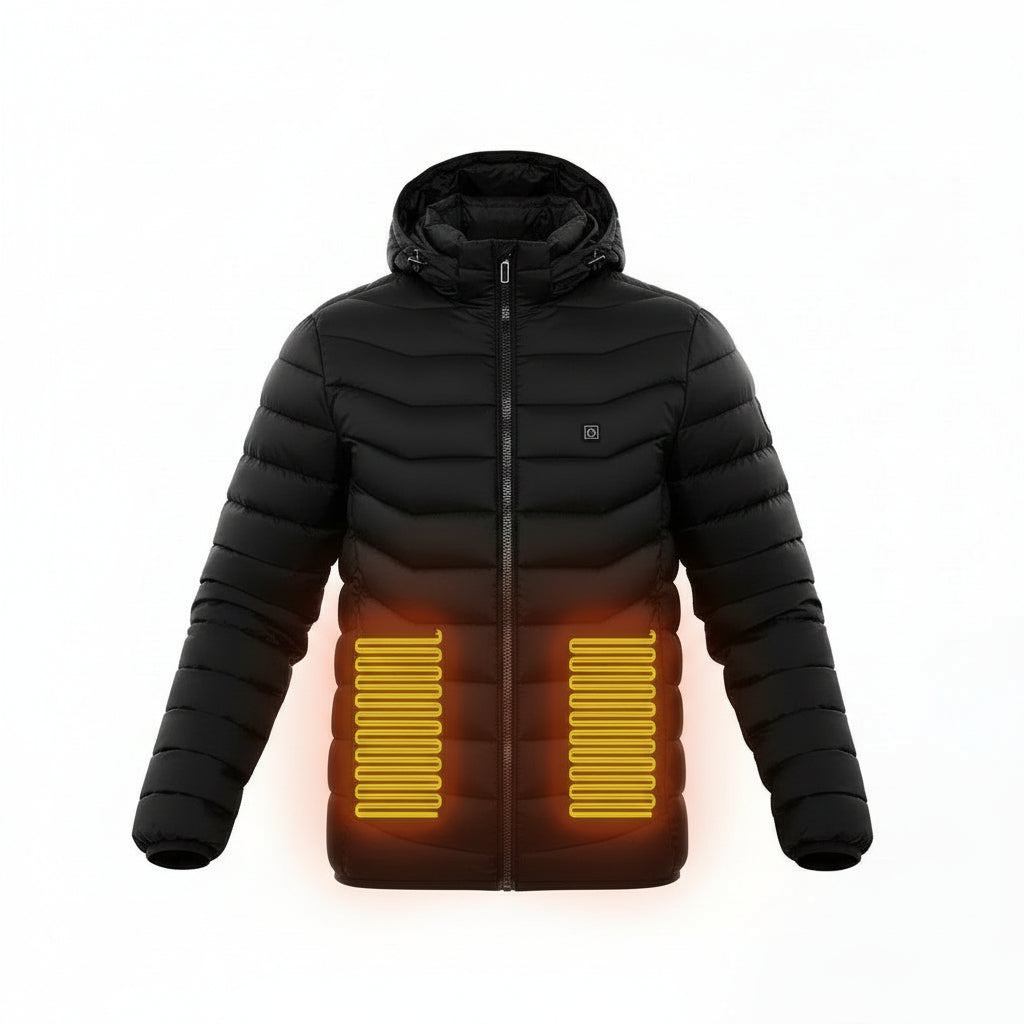 A black heated jacket show heat map areas