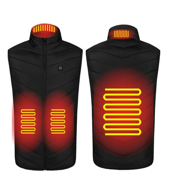 Two black heated vests with visible heating elements and '4 heating zones' text.