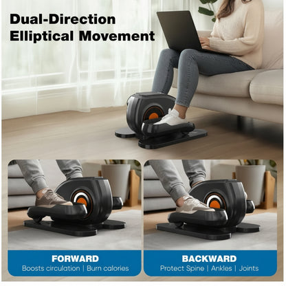 Person using a compact elliptical machine in a living room setting with text highlighting dual-direction movement.