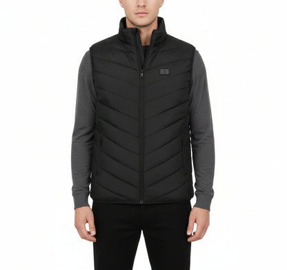 Black heated vest with 9 heating areas highlighted on a white background