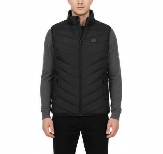 Black heated vest with 9 heating areas highlighted on a white background