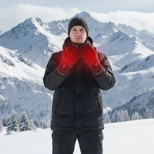 Heated gloves with batteries on a snowy mountain background