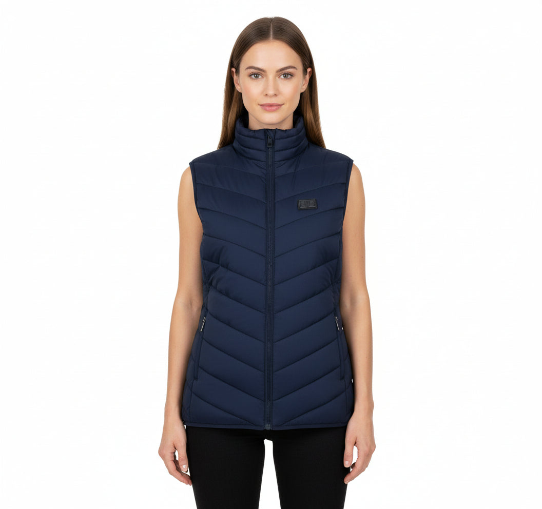 Navy blue puffer heated vest on a white background