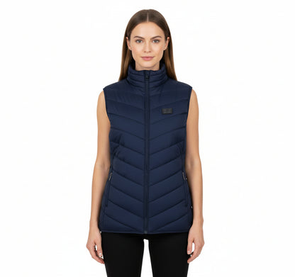 Navy blue puffer heated vest on a white background