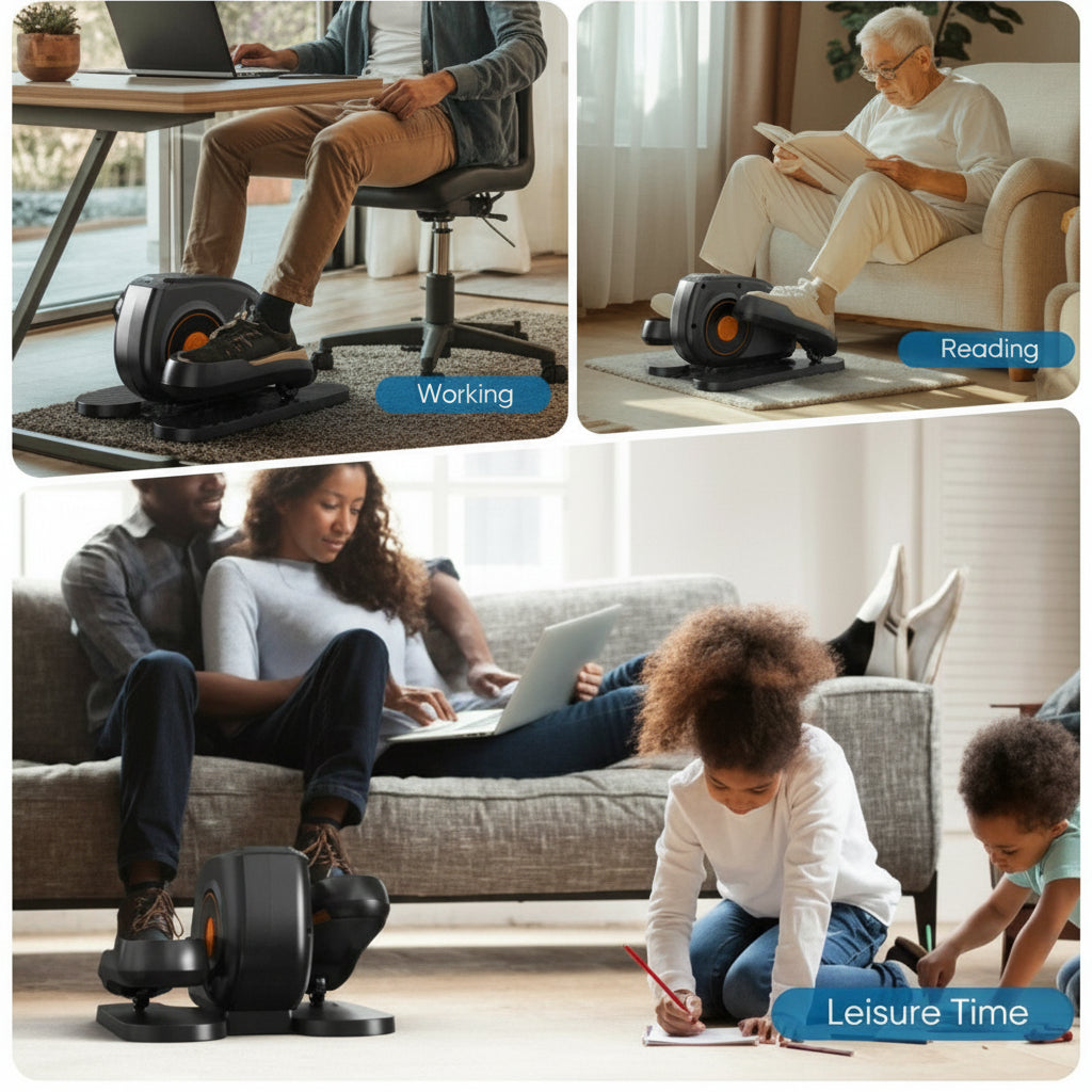 Collage of people using a massage ball chair in various settings: working, reading, and leisure time.