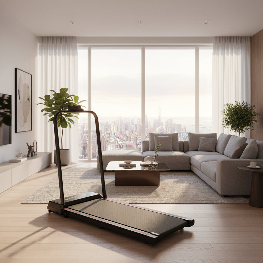 Portable treadmill with handle on a white background